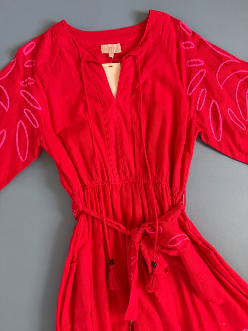 NWT Ciebon Eliza Embroidered Red Gauze Cotton A-Line Tropical Boho Midi Dress - Picture 5 of 7